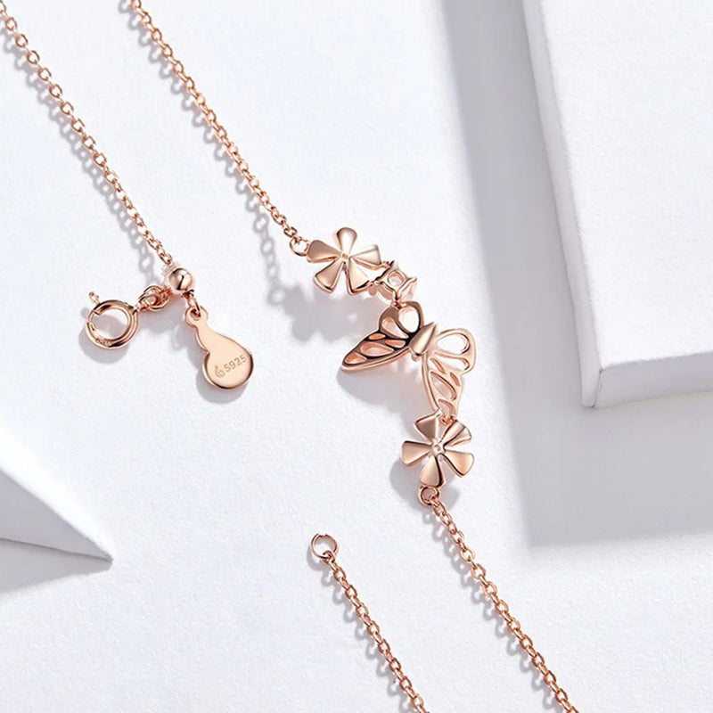 925 Sterling Silver Butterfly and Flower Necklace Enamel Floral Short Choker Necklace Silver Korean Style Jewelry