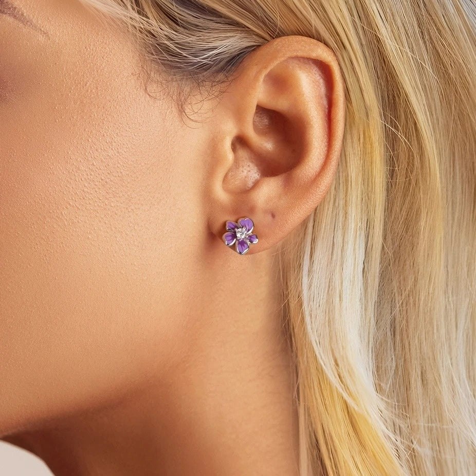 Purple Flower Earrings for Women, 925 Sterling Silver Cute Plumeria Cherry Blossom Hypoallergenic Stud Earrings For Girl