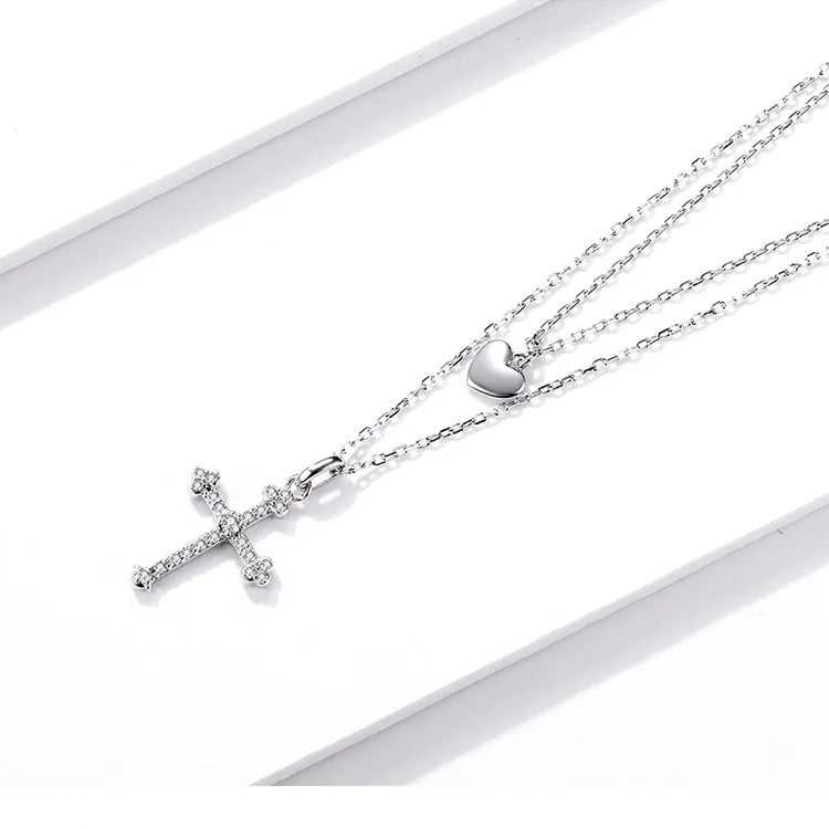 Sterling Silver 925 Cross and Heart Double Layer Pendant Necklace for Women Pave Setting CZ Simple Fine Jewelry