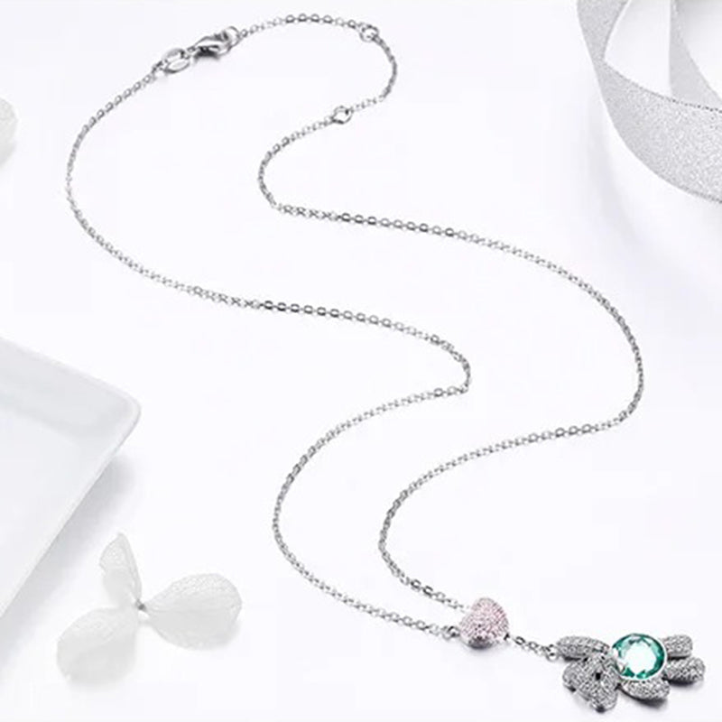 925 Sterling Silver Pink CZ Heart And Cute Bear Animal Pendant Necklaces for Women Silver Jewelry Gift