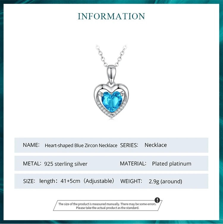 925 Sterling Silver Love Heart Pendant Necklace, Blue Clear Crystal Necklaces for Women Silver Fine Jewelry Gift