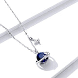 925 Sterling Silver Blue Planet Pendant Necklace for Women Stars Design Engagement Statement Jewelry Collar