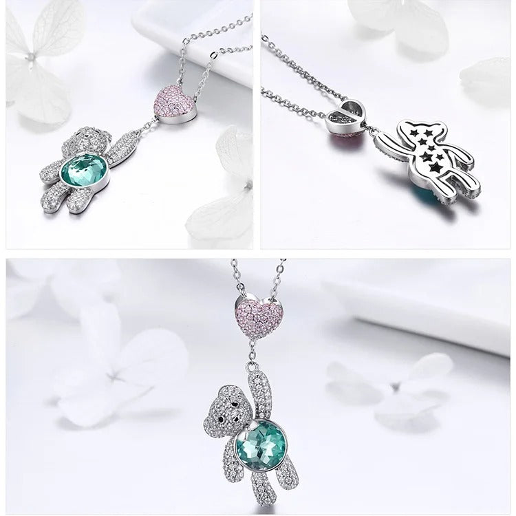 925 Sterling Silver Pink CZ Heart And Cute Bear Animal Pendant Necklaces for Women Silver Jewelry Gift