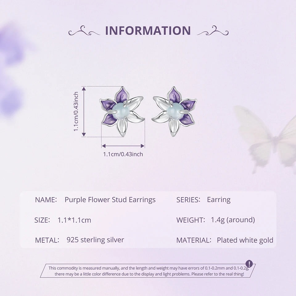 925 Sterling Silver Cute Purple Enamel Flower Stud Earrings, Hypoallergenic Gold Plated Stud Earrings Fine Jewelry Gifts