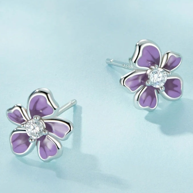 Purple Flower Earrings for Women, 925 Sterling Silver Cute Plumeria Cherry Blossom Hypoallergenic Stud Earrings For Girl