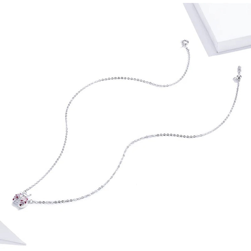 925 Sterling Silver Pink CZ Ladybug Insect Chain Pendant Necklace for Women 45cm Kid Gifts Fine Jewelry