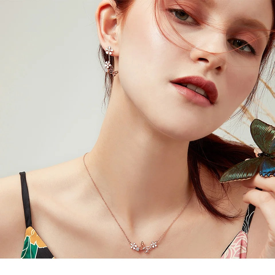 925 Sterling Silver Butterfly and Flower Necklace Enamel Floral Short Choker Necklace Silver Korean Style Jewelry