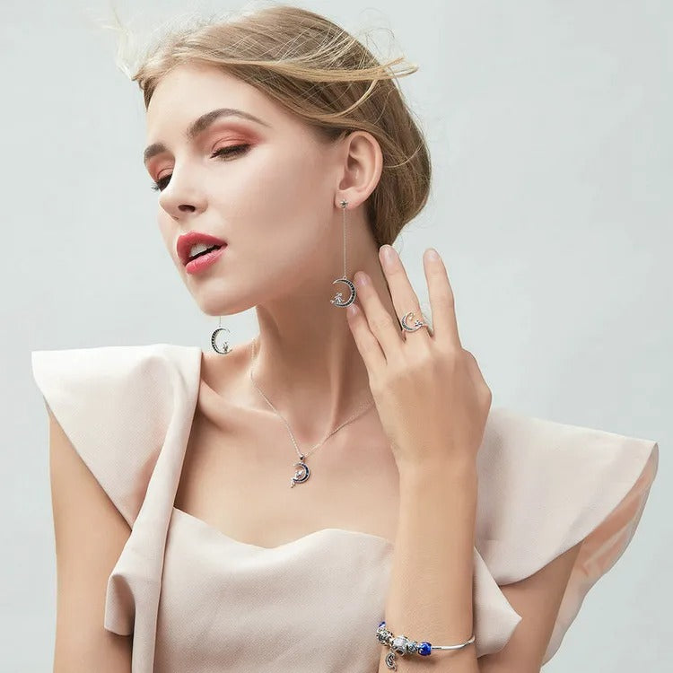 925 Sterling Silver Lucky Fairy on Moon Pendant Necklaces Blue Zircon Crescent Neck Chain for Women Gift Jewelry