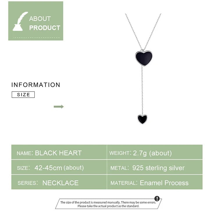 925 Sterling Silver Double Black Heart Pendant Necklace for Women Simple Black Enamel Y-shape Chain Necklace