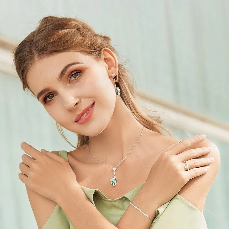 925 Sterling Silver Pink CZ Heart And Cute Bear Animal Pendant Necklaces for Women Silver Jewelry Gift