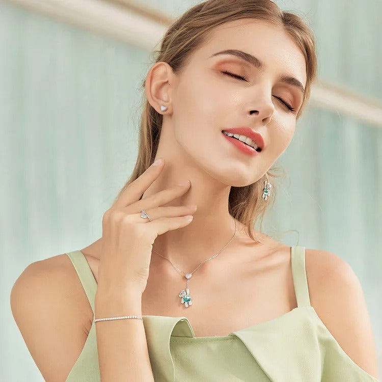 925 Sterling Silver Pink CZ Heart And Cute Bear Animal Pendant Necklaces for Women Silver Jewelry Gift