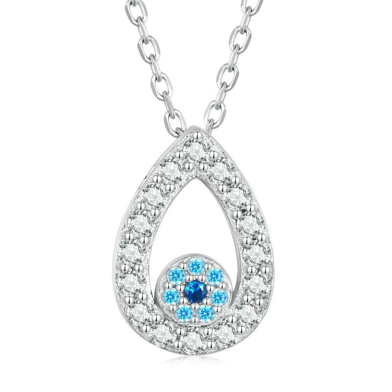 925 Sterling Silver Water-drop Shape Blue Zircon Devil's Eye Pendant Necklace for Women Classic Neck Chain Jewelry