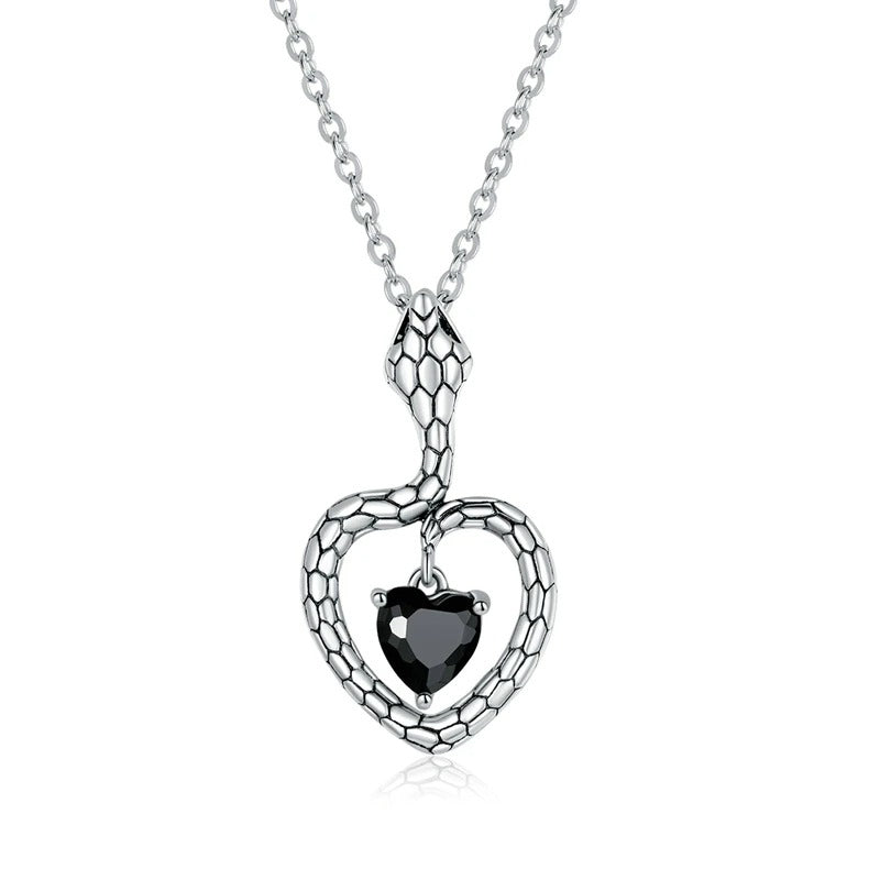 925 Sterling Silver Mysterious Creative Snake Necklace Heart Black Gem Pendant Necklace for Women Party Fine Jewelry