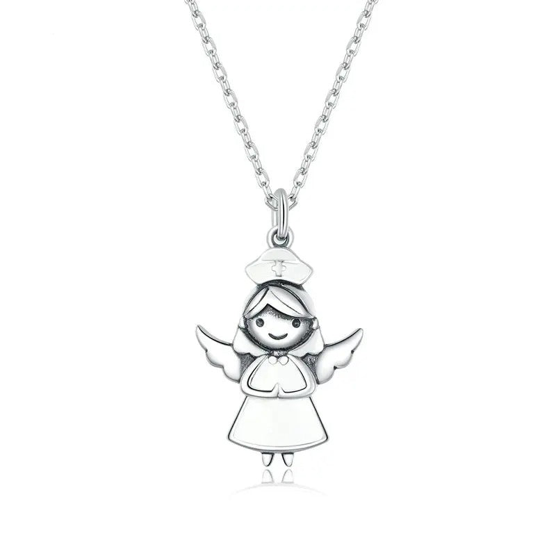 925 Sterling Silver Guardian Angel Chain Necklace White Enamel Jewelry Gift for Health Professional