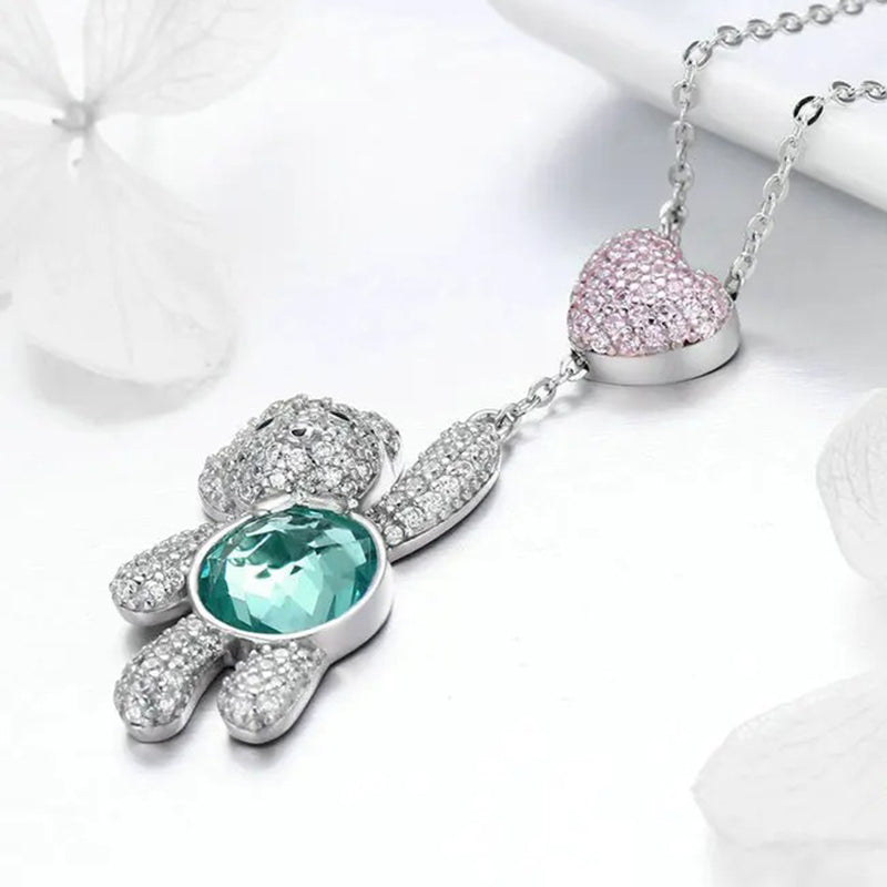 925 Sterling Silver Pink CZ Heart And Cute Bear Animal Pendant Necklaces for Women Silver Jewelry Gift