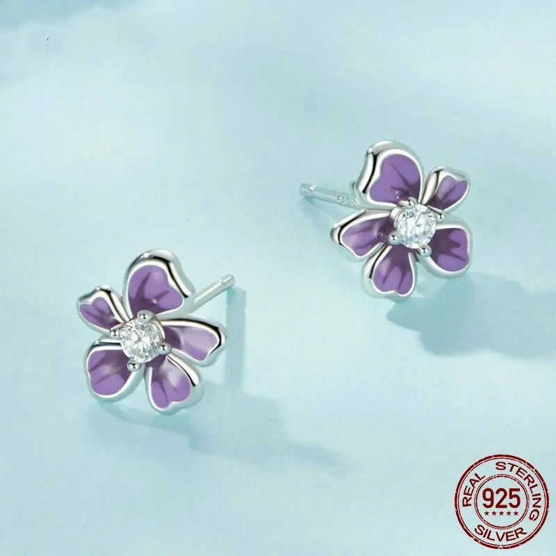 Purple Flower Earrings for Women, 925 Sterling Silver Cute Plumeria Cherry Blossom Hypoallergenic Stud Earrings For Girl