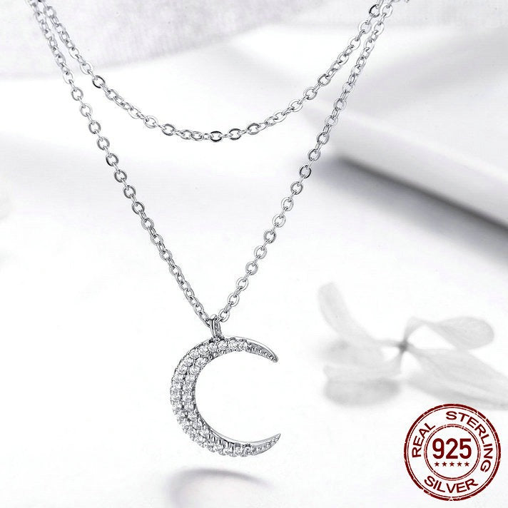925 Sterling Silver Moon & Star Double Layers Chain Pendants Necklaces for Women Sterling Silver Jewelry