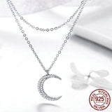 925 Sterling Silver Moon & Star Double Layers Chain Pendants Necklaces for Women Sterling Silver Jewelry