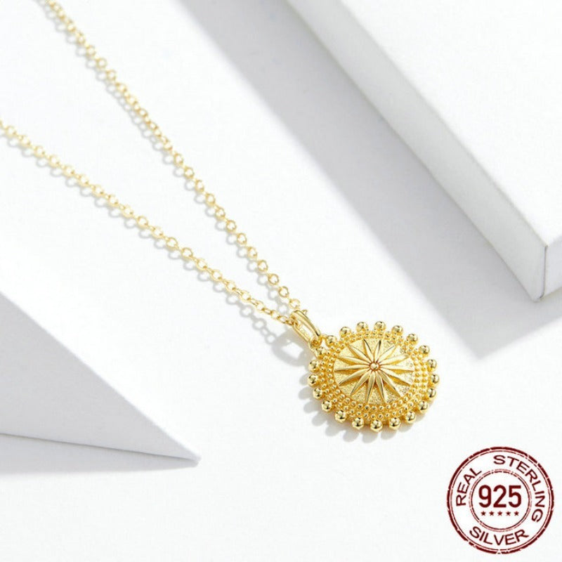 Sun Coin Pendant Necklace for Women Gold Color Genuine 925 Sterling Silver Chain Necklaces Collier Fashion Jewelry