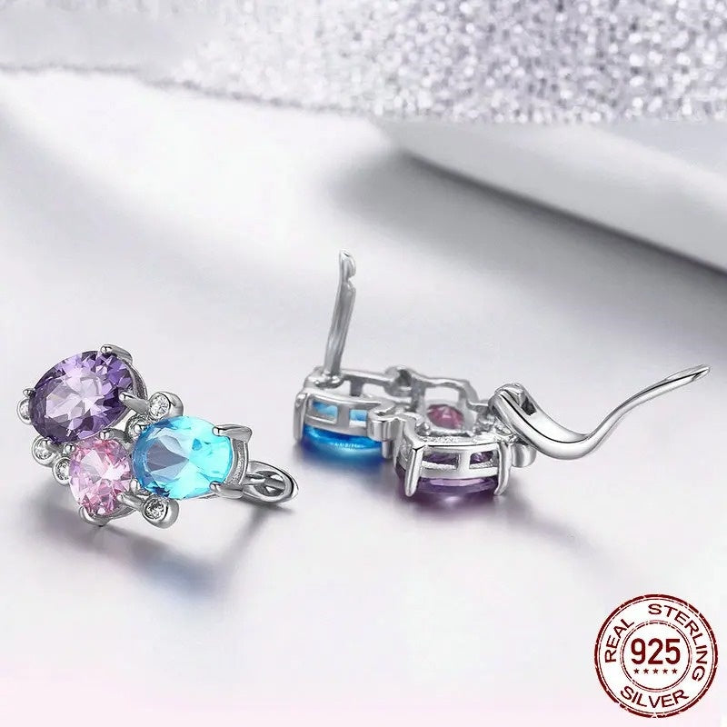 925 Sterling Silver Colorful Zircon Geometric Earrings Simple Stud Earrings for Women Silver Jewelry