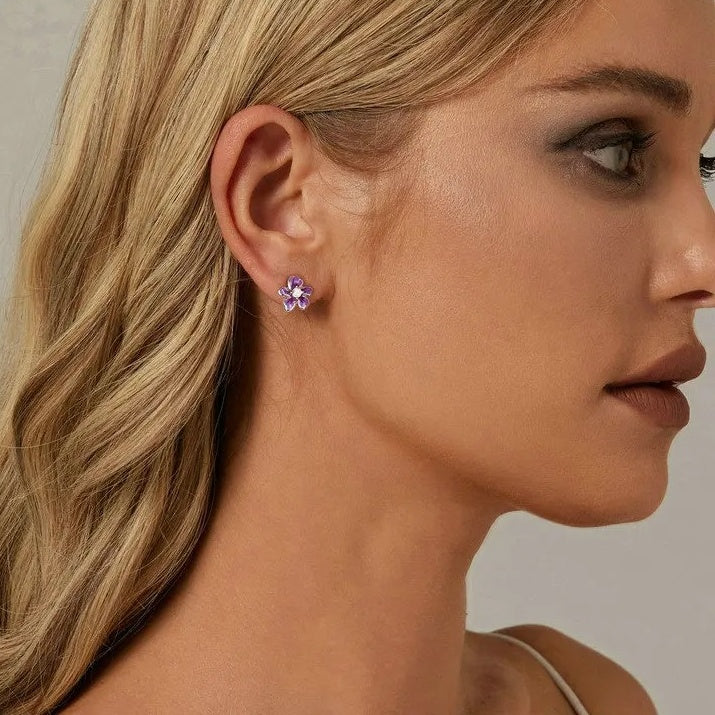Purple Flower Earrings for Women, 925 Sterling Silver Cute Plumeria Cherry Blossom Hypoallergenic Stud Earrings For Girl