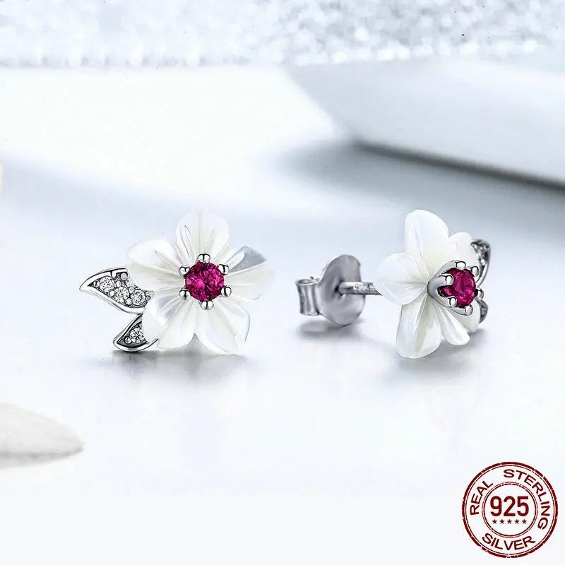 925 Sterling Silver Pure Shell Flower Stud Earring for Women Pave Setting CZ Fashion Korea Style Fine Jewelry