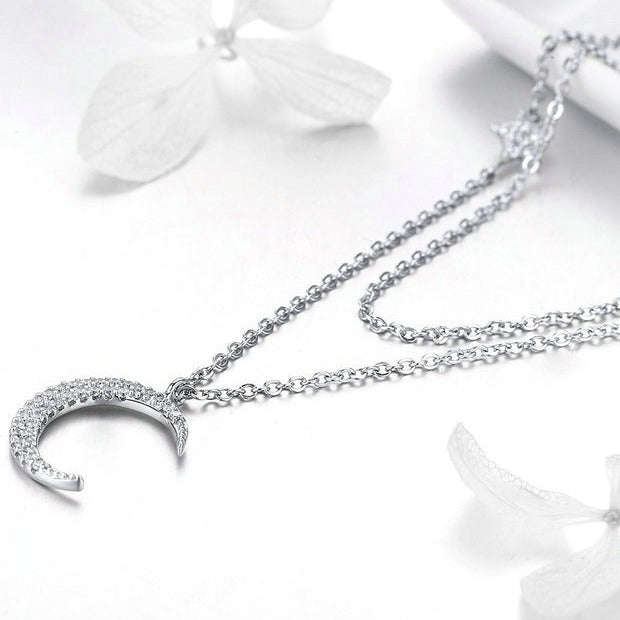 925 Sterling Silver Moon & Star Double Layers Chain Pendants Necklaces for Women Sterling Silver Jewelry