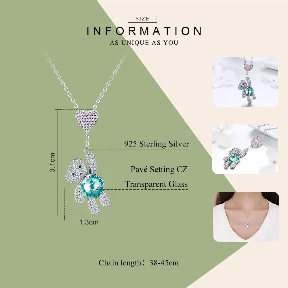 925 Sterling Silver Pink CZ Heart And Cute Bear Animal Pendant Necklaces for Women Silver Jewelry Gift
