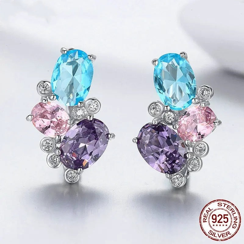 925 Sterling Silver Colorful Zircon Geometric Earrings Simple Stud Earrings for Women Silver Jewelry