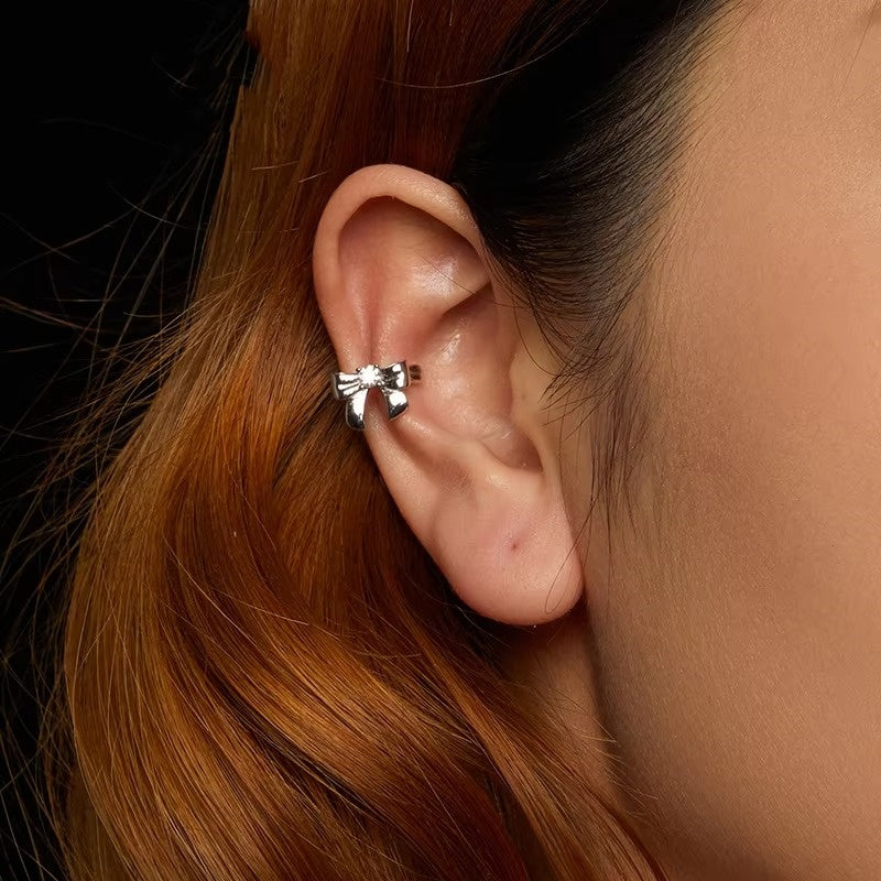 Mono White Gold Plated Bowknot Moissanite Ear Cuff 925 Sterling Silver Ear Clip Bow Moissanite Earrings for Women