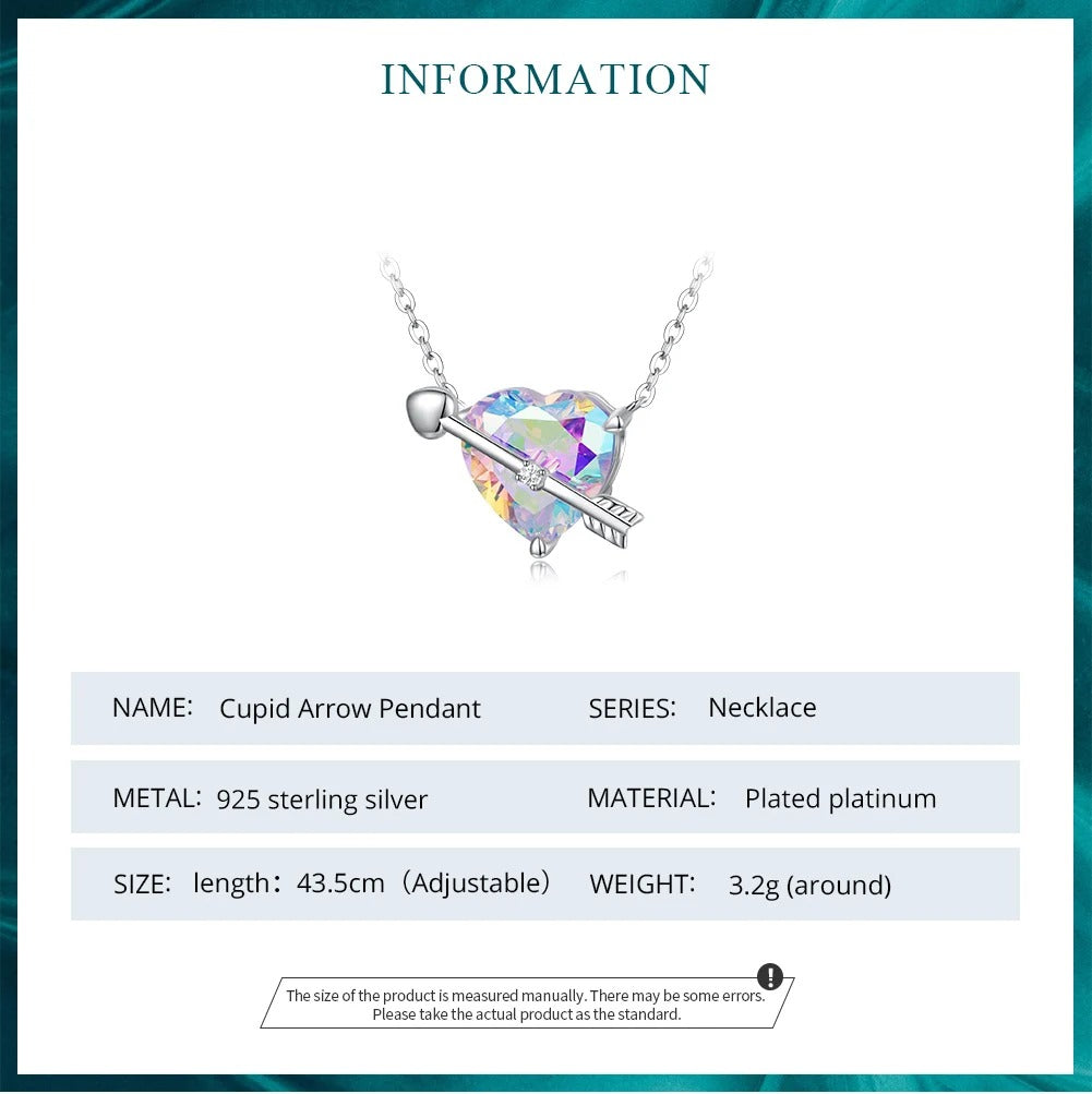Genuine 925 Sterling Silver Cupid Arrow Pendant Necklace for Women Fine Jewelry Adjustable Bling Heart Link Chain