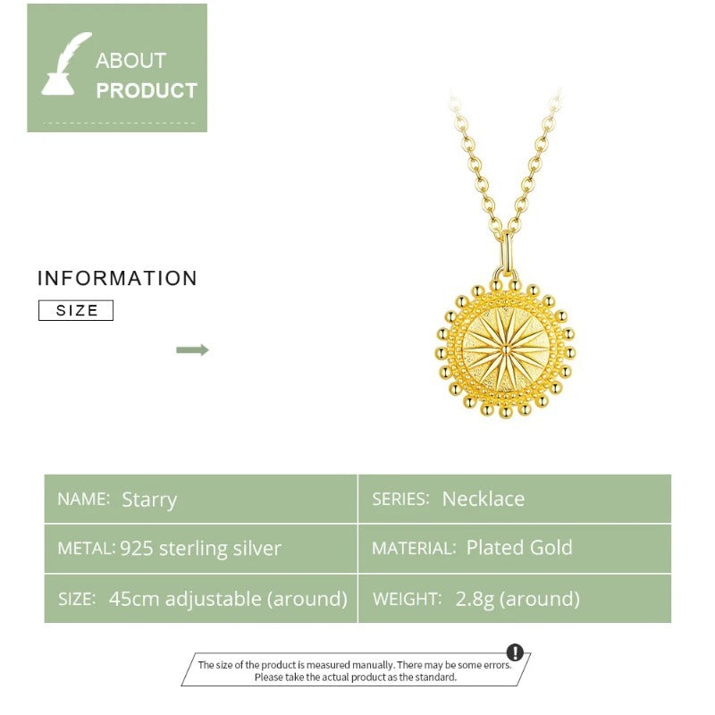 Sun Coin Pendant Necklace for Women Gold Color Genuine 925 Sterling Silver Chain Necklaces Collier Fashion Jewelry