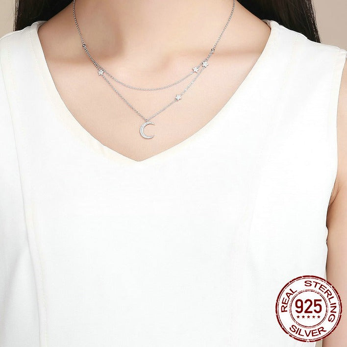 925 Sterling Silver Moon & Star Double Layers Chain Pendants Necklaces for Women Sterling Silver Jewelry