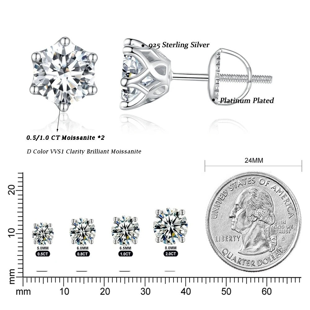 Classic Moissanite Stud Earrings, S925 Silver D Color Brilliant Round Cut Lab Created Diamond Wedding Engagement Earrings