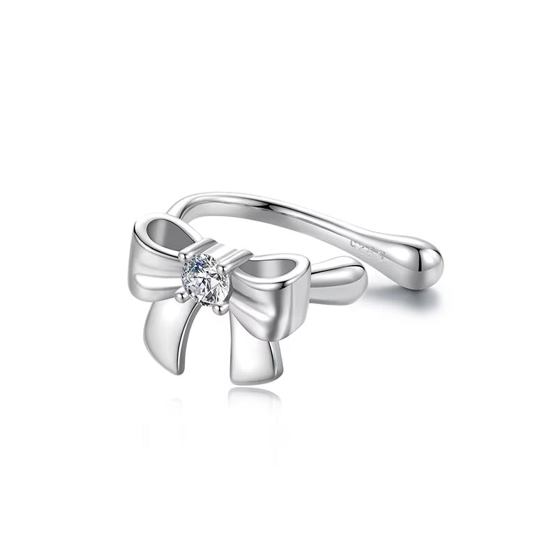 Mono White Gold Plated Bowknot Moissanite Ear Cuff 925 Sterling Silver Ear Clip Bow Moissanite Earrings for Women