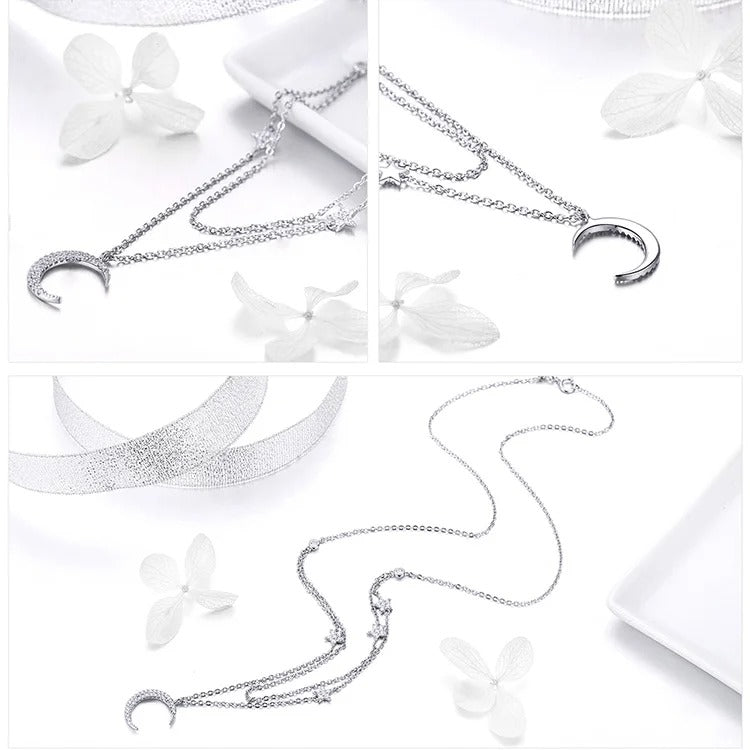 925 Sterling Silver Moon & Star Double Layers Chain Pendants Necklaces for Women Sterling Silver Jewelry