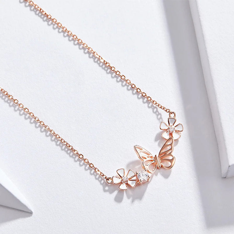 925 Sterling Silver Butterfly and Flower Necklace Enamel Floral Short Choker Necklace Silver Korean Style Jewelry