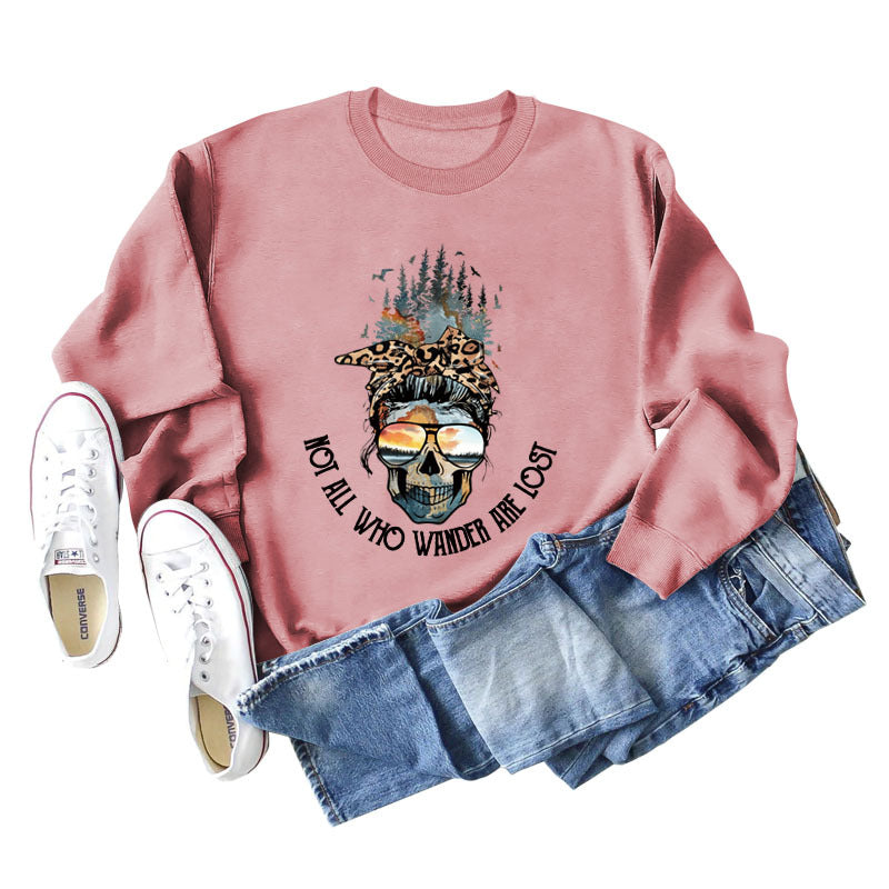 NOT ALL WHO WANDER ARE LOST Crew Neck Leopard Letter Long Sleeve Sweater Girl