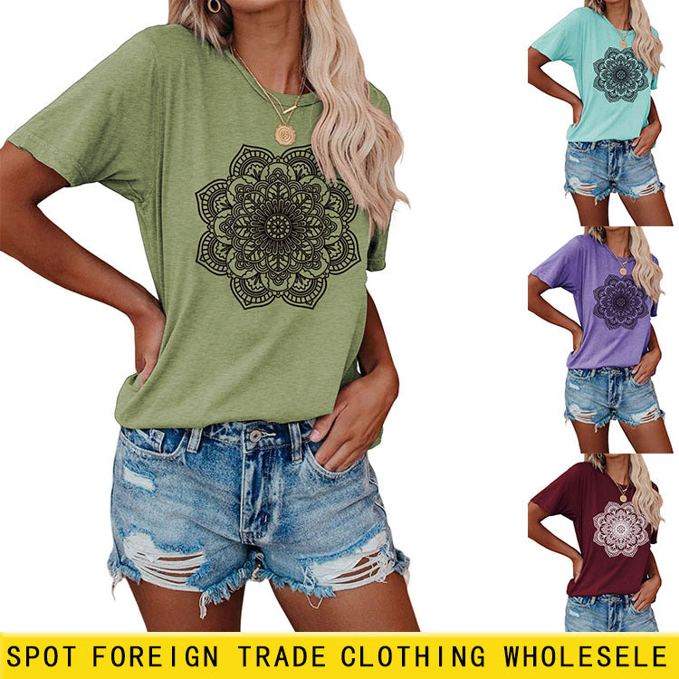 Flower Pattern Printed Casual Loose Round Neck Short Sleeves