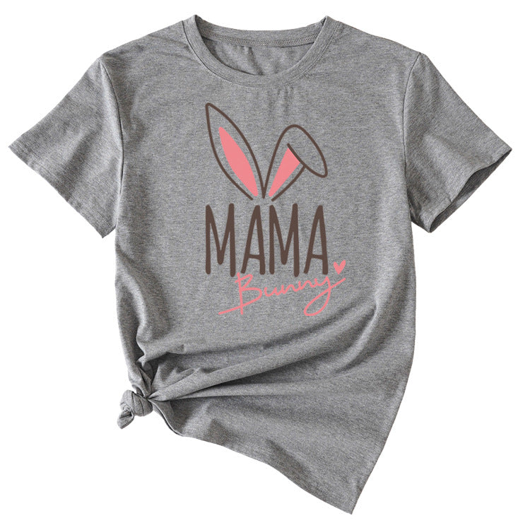 Cute Mama Bunny Pattern Women's Casual Round Neck Short Sleeve T-Shirt