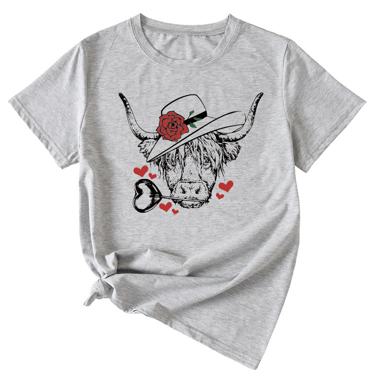 T-shirt à manches courtes et col rond pour femmes, à la mode, motif Rose Bullhead, décontracté