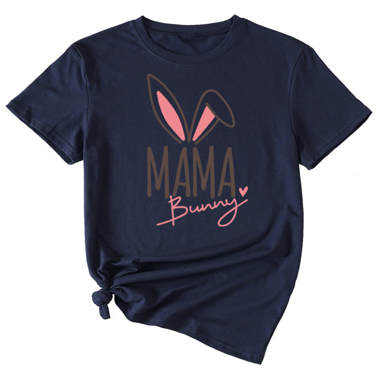 Cute Mama Bunny Pattern Women's Casual Round Neck Short Sleeve T-Shirt