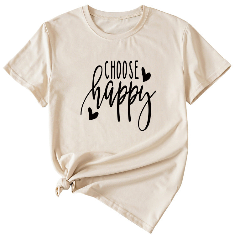 Fashion Letter Choose Happy Loose Short Sleeve Womens T-shirt