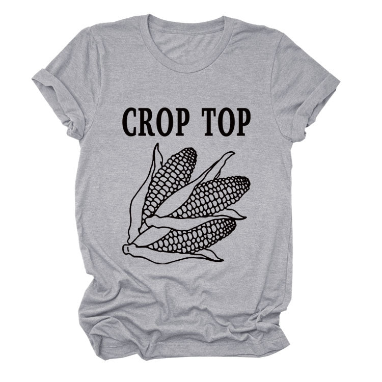 CROP TOP Corn Letter Print Crew Neck Fashion Short Sleeve Loose T-Shirt Women