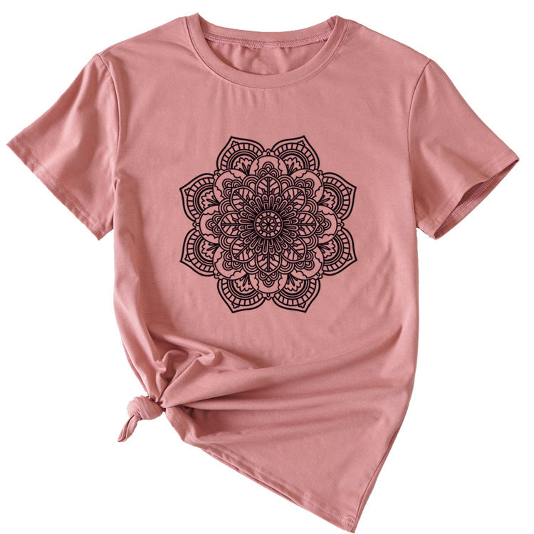 Flower Pattern Printed Casual Loose Round Neck Short Sleeves