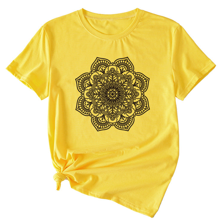 Flower Pattern Printed Casual Loose Round Neck Short Sleeves