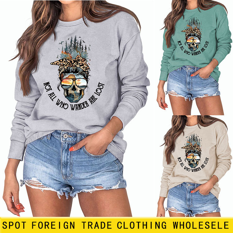 NOT ALL WHO WANDER ARE LOST Crew Neck Leopard Letter Long Sleeve Sweater Girl