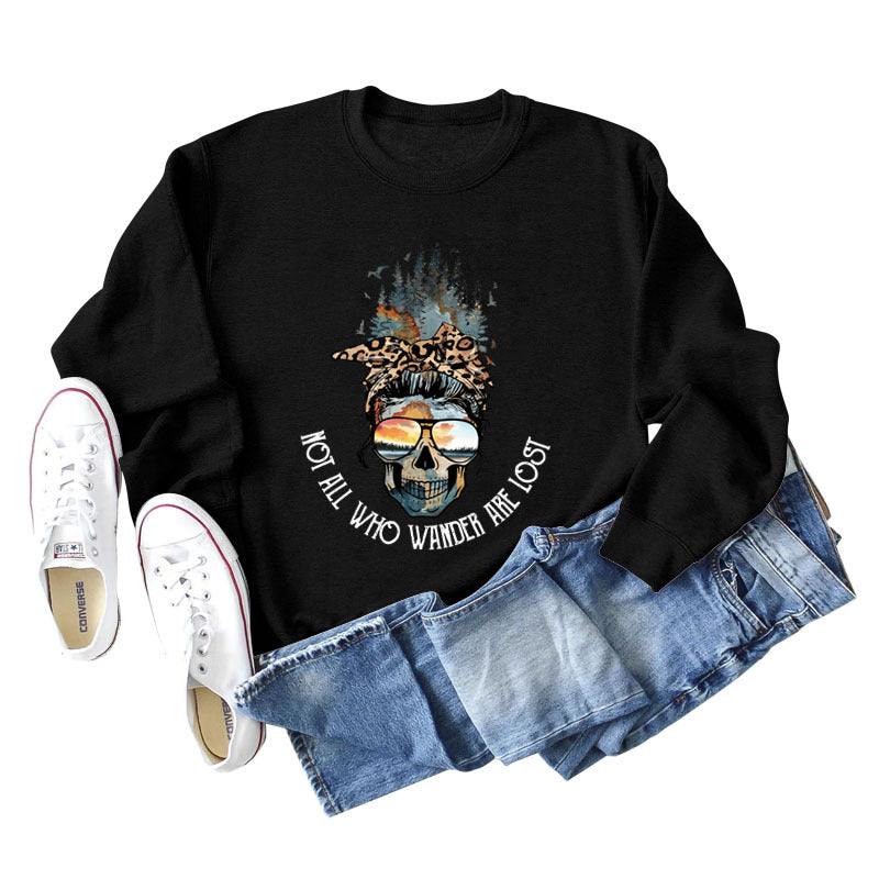 NOT ALL WHO WANDER ARE LOST Crew Neck Leopard Letter Long Sleeve Sweater Girl
