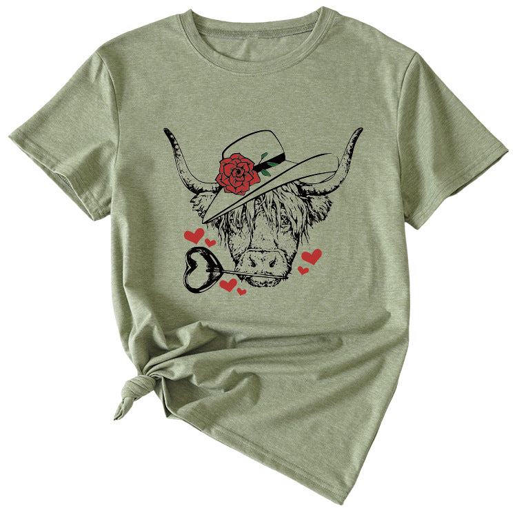 T-shirt à manches courtes et col rond pour femmes, à la mode, motif Rose Bullhead, décontracté