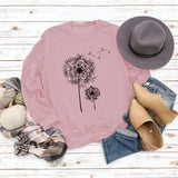 Bedrucktes Löwenzahn-Rundhals-Langarmshirt für Damen, lockerer Pullover